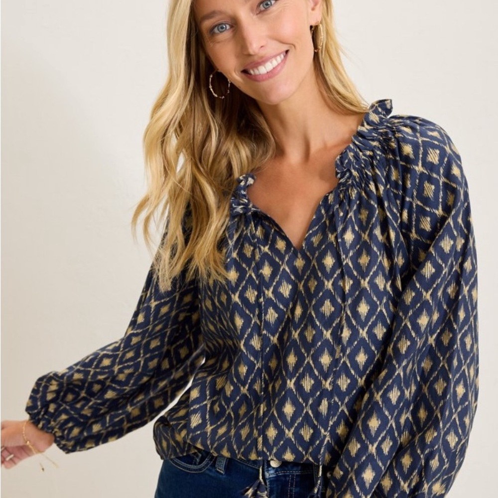 Tommy Bahama Navy and Gold Diamond Blouse